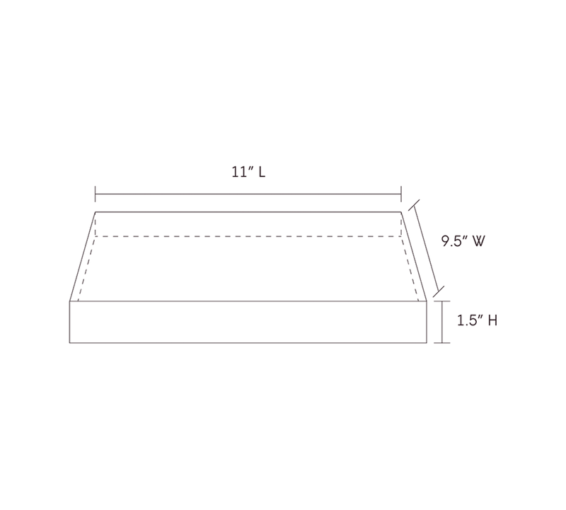 A line drawing of a fire safe tray that show dimensions of it being 11 inches in length, 9.5 inches in width, and 1.5 inches in height